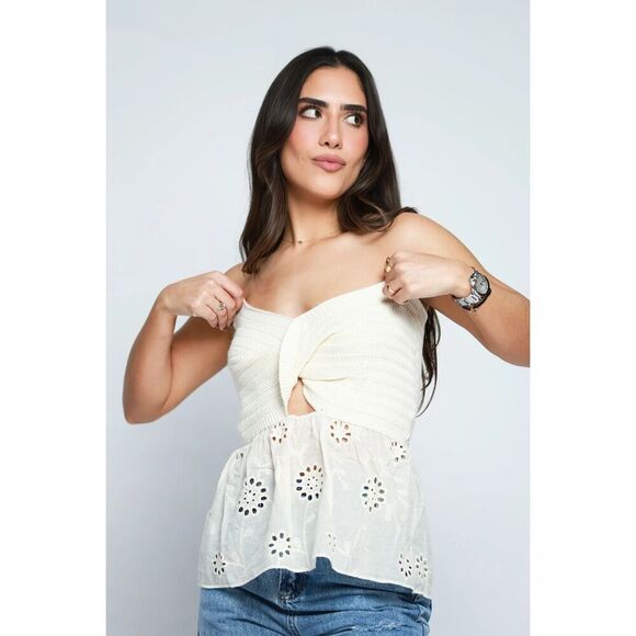 ✨Micas Knot Front Knit Embroidered Tube Sz XS Top Beige✨ - Picture 2 of 10